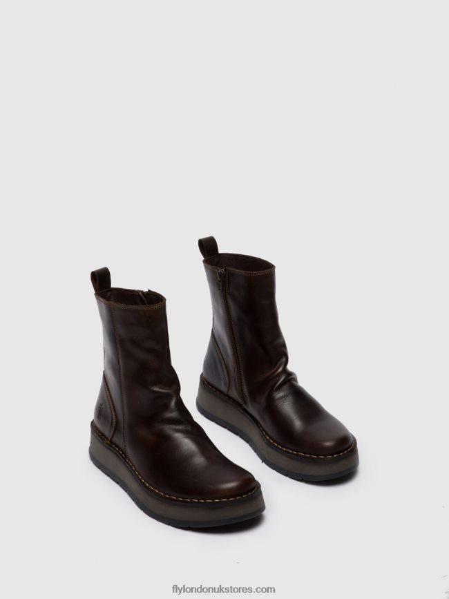 Zip Up Ankle Boots RENO053 Women Fly London 4V24RT285 RUG DK. BROWN